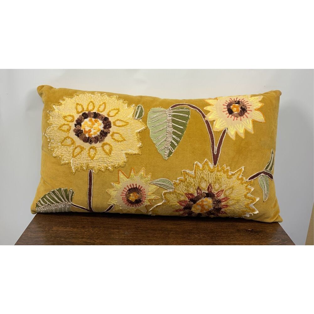 Autumn Hill Sunflower Pillow Velvet and embroidered 24x14"